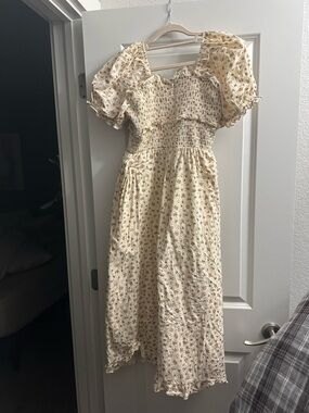 Smocked Floral Midi Dress in Cream
